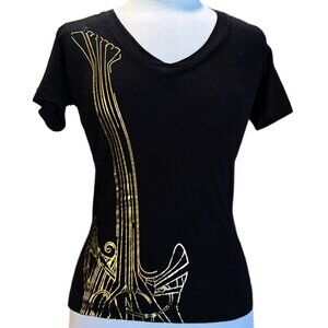 Old Navy Black  V-Neck Top Graphic Tee Gold Guitar Print Music T-Shirt Top XS
